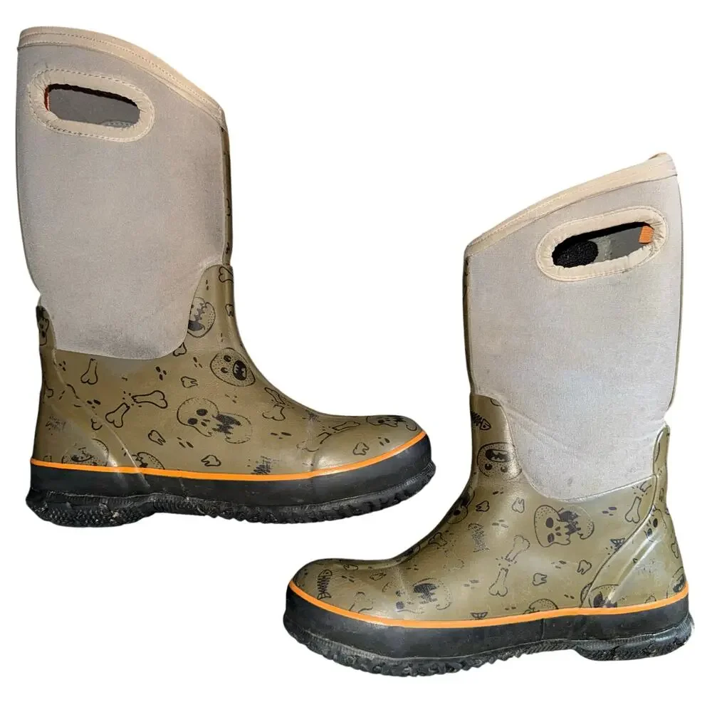 BOGS K Classic Bones Skull Halloween Green Waterproof Boots Youth - size 4 R 11